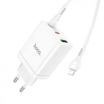 HOCO 35W Dual USB-C + USB-A PD & QC3.0 Wandladegerät mit USB-C auf Lightning Kabel, Weiß