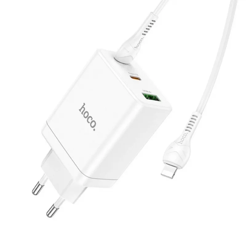 HOCO 35W Dual USB-C + USB-A PD & QC3.0 Wandladegerät mit USB-C auf Lightning Kabel, Weiß