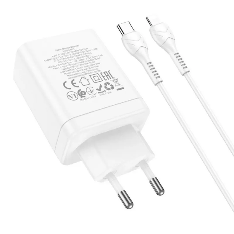 HOCO 35W Dual USB-C + USB-A PD & QC3.0 Wandladegerät mit USB-C auf Lightning Kabel, Weiß