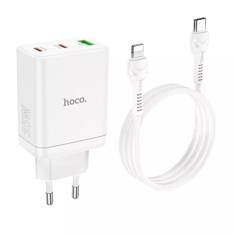 HOCO 35W Dual USB-C + USB-A PD & QC3.0 Wandladegerät mit USB-C auf Lightning Kabel, Weiß
