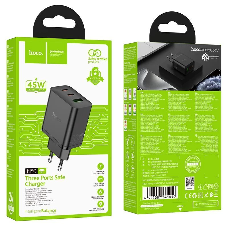 Hoco N50 Scenery PD45W (2C1A) Charger EU Plug Black