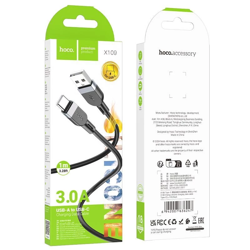Hoco X109 Energy Silicone Charging Data Cable USB-A to USB-C 1m Black