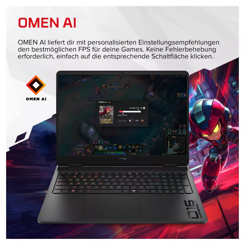 HP HyperX OMEN 16-ap1492ng Gaming-Laptop, 16,1 Zoll QHD 165Hz, AMD Ryzen 9 8940HX, 24GB DDR5, 512GB SSD, RTX 5070 8GB, Windows 11 Home, deutsche Tastatur