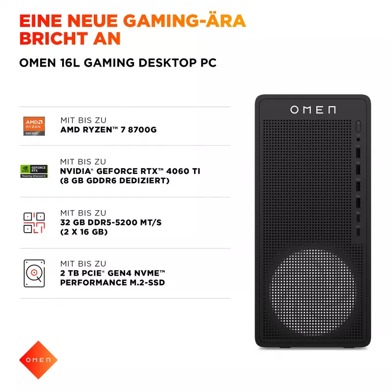 HP OMEN 16L TG03-0451ng Gaming Desktop PC, AMD Ryzen 5 8400F, 16GB DDR5, 512GB SSD, NVIDIA GeForce RTX 5050, No OS, Black