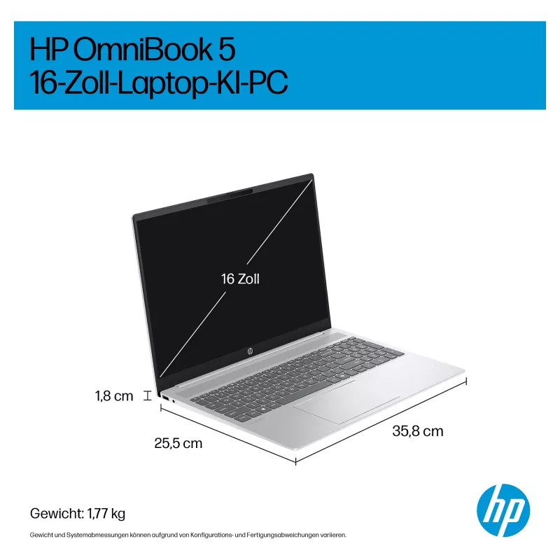 HP OmniBook 5 AI 16-af1450ngx Laptop, 16 Zoll, Intel Core Ultra 5 225U, 16GB RAM, 512GB SSD, Windows 11 Home