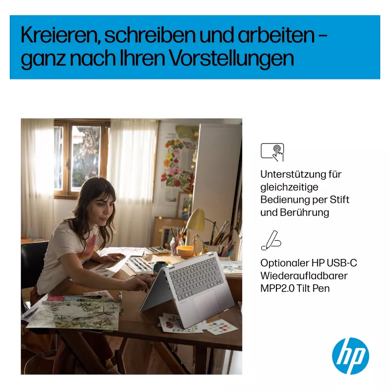 HP OmniBook 5 Flip 14-fp0470ngx 2-in-1 Laptop, 14 Zoll FHD Touch, Intel Core 7 150U, 16GB RAM, 512GB SSD, Windows 11 Home, Natur Silber, Deutsche Tastatur