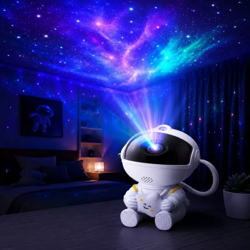 HQ Sitzender Astronaut Sternenhimmel- & Nebelprojektor mit 360° drehbarem Kopf und Fernbedienung Weiß
