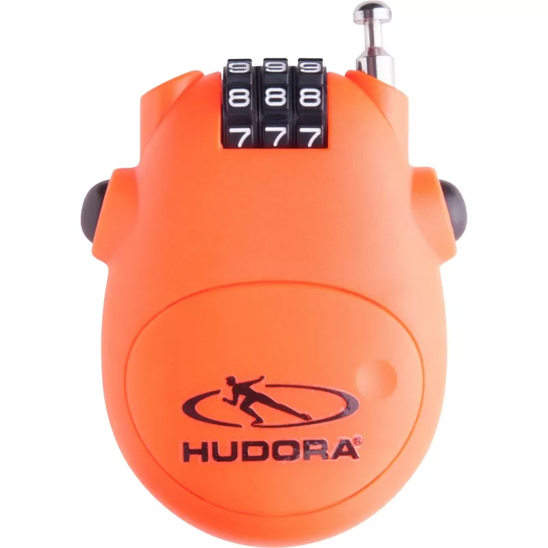 HUDORA Kabelschloss (Orange) - 3-stelliges, umstellbares Zahlenschloss, 200 cm selbstaufrollendes Stahlkabel
