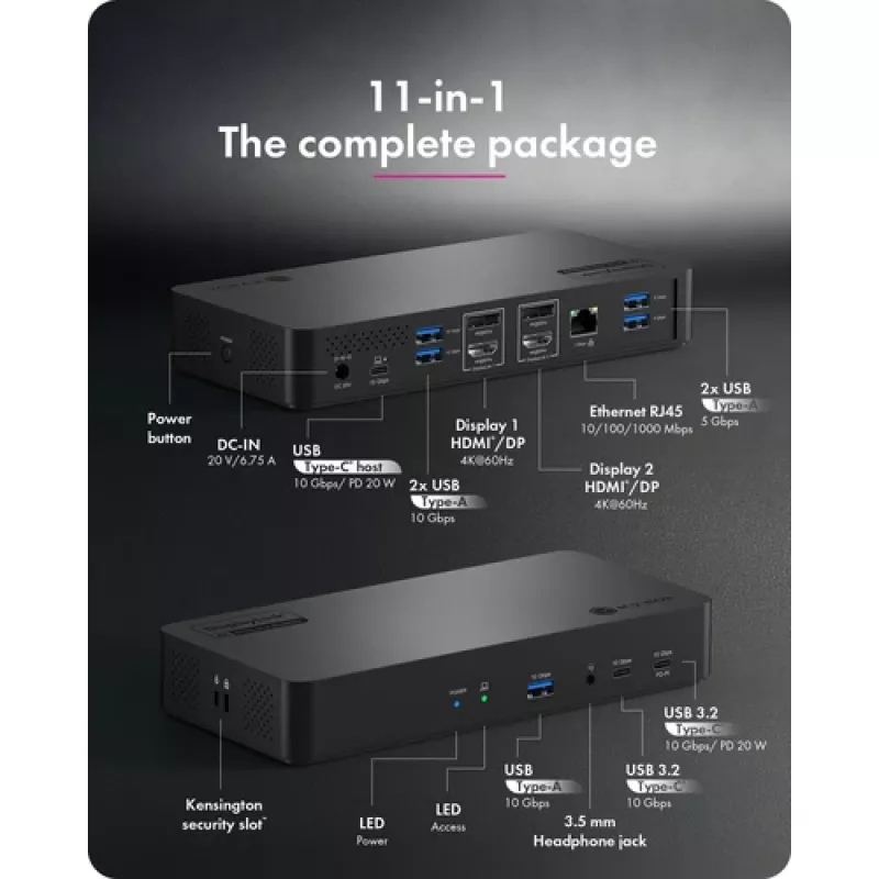ICY BOX Heart Dock 2255 11-in-1 Dockingstation, DisplayLink DL-6950, 2x HDMI/DP 4K@60Hz, 96W Power Delivery, Gigabit LAN, USB-C/A 10Gbps