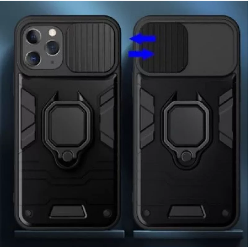 iLike Apple iPhone 14 Pro Max Ring Lens Case Schwarz - Hybrid-Schutzhülle mit integriertem Ringhalter, Kameralinsenschutz, Stoßdämpfung, kabelloses Laden kompatibel