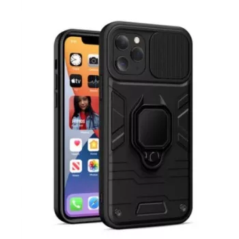 iLike Apple iPhone 14 Pro Max Ring Lens Case Schwarz - Hybrid-Schutzhülle mit integriertem Ringhalter, Kameralinsenschutz, Stoßdämpfung, kabelloses Laden kompatibel