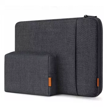 Inateck 16-Zoll Laptop-Hülle mit Zubehörtasche, Schwarz-Grau, wasserabweisendes Polyester, YKK-Reißverschluss, stoßdämpfend, kratzfest, schlankes leichtes Design, kompatibel mit MacBook Pro 16 inch 2021-2023, Dell XPS 15, Surface Laptop 15