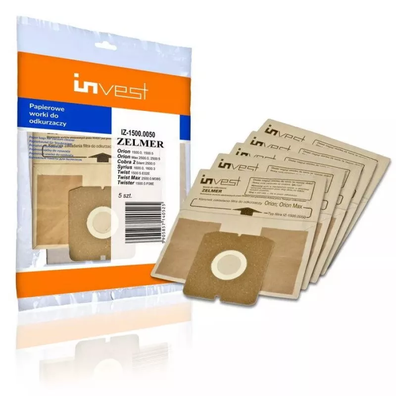 Invest Eco Papier-Staubsaugerbeutel für Zelmer 1500.0050 / Cobra II Silent 2500.0EH (5 Stück)
