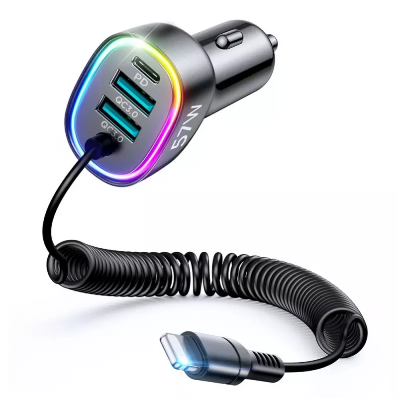 Joyroom 4-in-1 Fast Car Charger PD QC3.0 AFC FCP mit 1,6m 57W Lightning-Kabel Schwarz