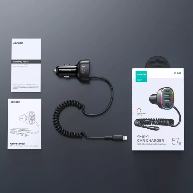 Joyroom 4-in-1 Fast Car Charger PD QC3.0 AFC FCP mit 1,6m 57W Lightning-Kabel Schwarz
