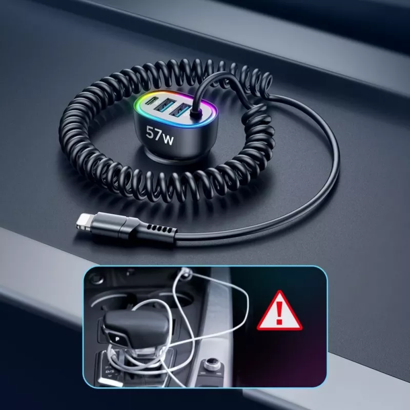 Joyroom 4-in-1 Fast Car Charger PD QC3.0 AFC FCP mit 1,6m 57W Lightning-Kabel Schwarz