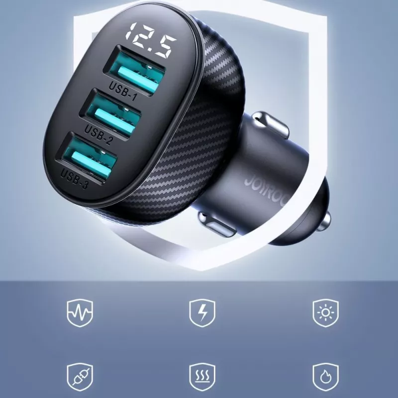Joyroom JR-CCD03 Auto-Ladegerät mit Digitalanzeige, 3x USB-A, 17W, 3,4A, Schwarz