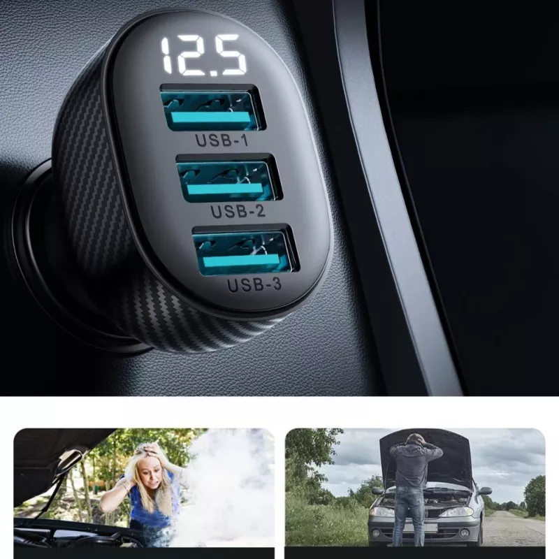Joyroom JR-CCD03 Auto-Ladegerät mit Digitalanzeige, 3x USB-A, 17W, 3,4A, Schwarz
