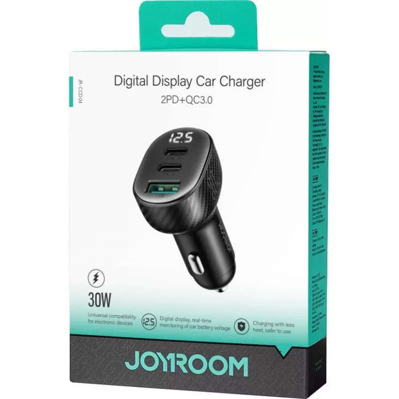 Joyroom JR-CCD04 Auto-Ladegerät 30W 2x USB-C USB-A mit Digitalanzeige - Schwarz