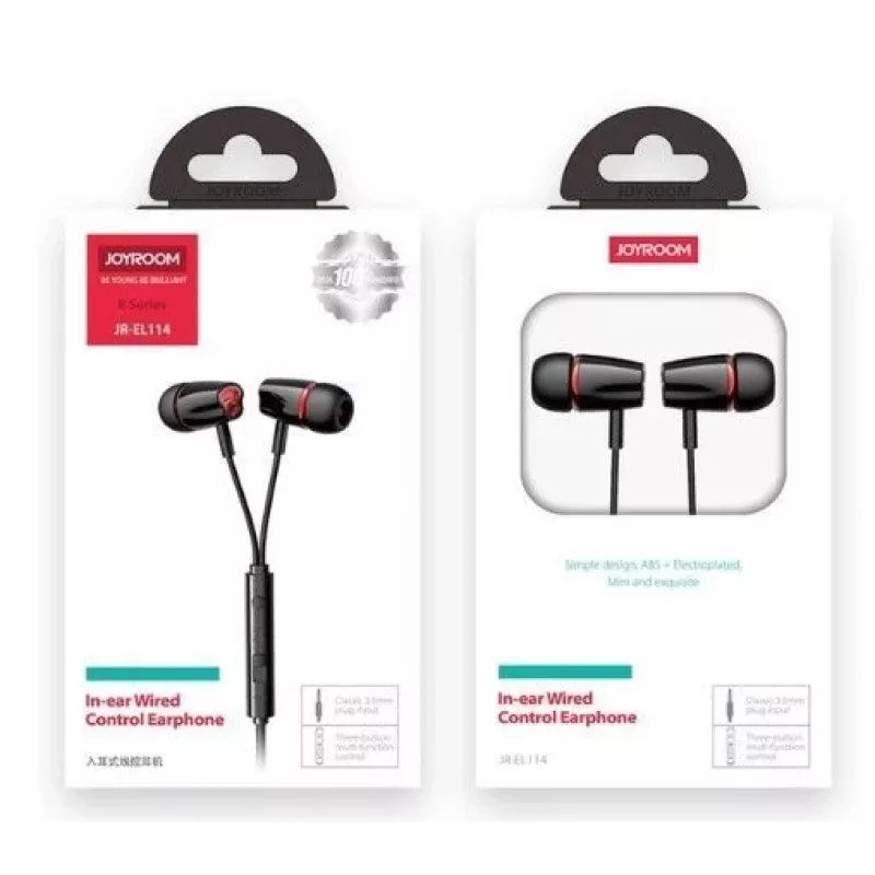 JOYROOM JR-EL114 Kabelgebundene In-Ear-Kopfhörer mit Mikrofon und Fernbedienung, 3,5-mm-Klinke, knickfestes Flachbandkabel, Schwarz