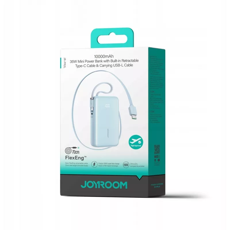 Joyroom JR-PR2L 10000mAh 35W Powerbank mit Digitalanzeige, integrierten ausziehbaren USB-C- und Lightning-Kabeln (0,7m), Blau