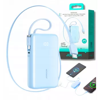 Joyroom JR-PR2L 10000mAh 35W Powerbank mit Digitalanzeige, integrierten ausziehbaren USB-C- und Lightning-Kabeln (0,7m), Blau