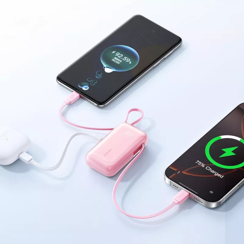 Joyroom JR-PR2L Power Bank 10000 mAh 35W mit Digitalanzeige, integriertem ausziehbarem 2x Type-C Lanyard-Kabel (0,7 m) Pink