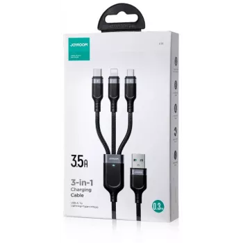JOYROOM S-1T3018A18 3-in-1 Multi Charging Cable USB-A auf USB-C/Micro-USB/Lightning, 30cm geflochtenes Nylon, 3.5A, Schwarz
