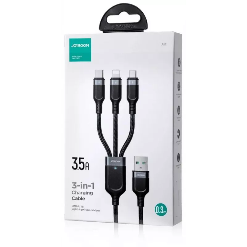 JOYROOM S-1T3018A18 3-in-1 Multi Charging Cable USB-A auf USB-C/Micro-USB/Lightning, 30cm geflochtenes Nylon, 3.5A, Schwarz