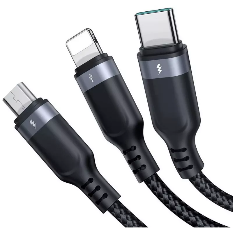 JOYROOM S-1T3018A18 3-in-1 Multi Charging Cable USB-A auf USB-C/Micro-USB/Lightning, 30cm geflochtenes Nylon, 3.5A, Schwarz