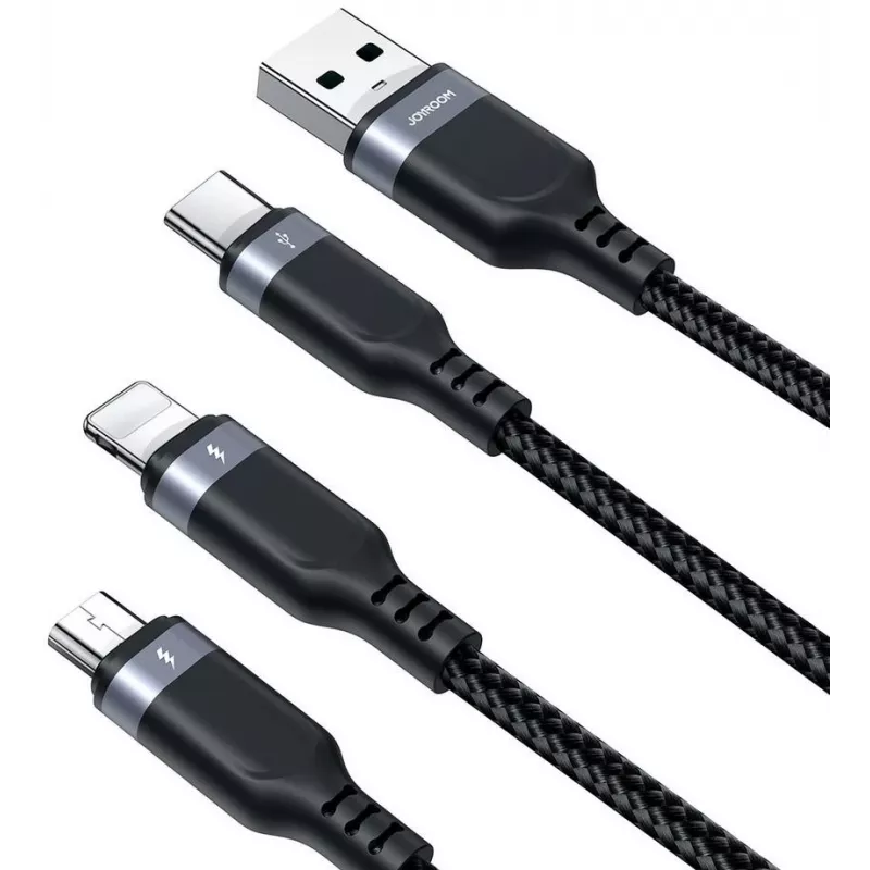 JOYROOM S-1T3018A18 3-in-1 Multi Charging Cable USB-A auf USB-C/Micro-USB/Lightning, 30cm geflochtenes Nylon, 3.5A, Schwarz