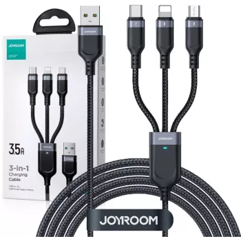 JOYROOM S-1T3018A18 3-in-1 Multi Charging Cable USB-A auf USB-C/Micro-USB/Lightning, 30cm geflochtenes Nylon, 3.5A, Schwarz
