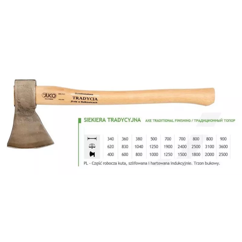 JUCO 33007 Axt-Werkzeug - 600g geschmiedeter Kohlenstoffstahlkopf, 360mm Holzstiel