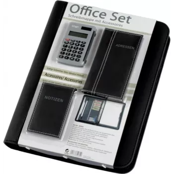JÜSCHA Alassio Ringbuch-Portfolio Büro-Set A4 Schwarz Kunstleder mit 4-Ring-Mechanik, 7 Visitenkartenfächer, Reißverschluss, Schreibblock und Taschenrechner 30060
