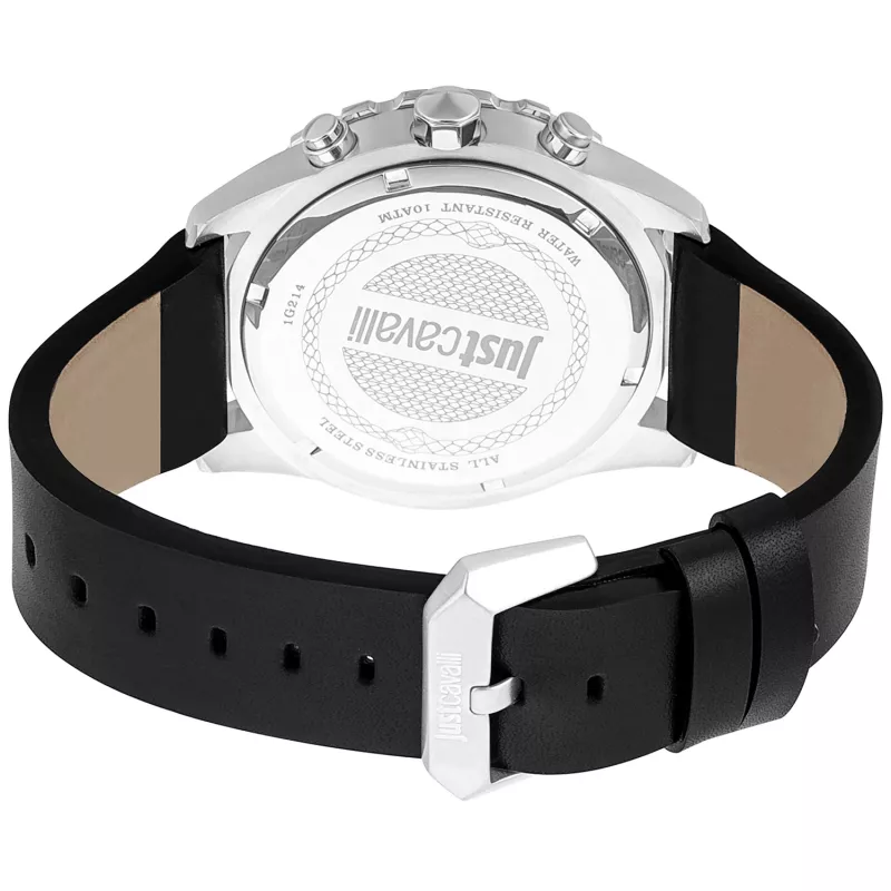 JUST CAVALLI MAN JC1G214L0015 46mm Quarz Analoguhr Schwarzes Zifferblatt Schwarzes Lederarmband