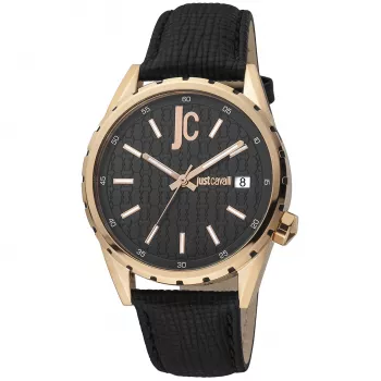 JUST CAVALLI MAN JC1G217L0035 Quarz Analoguhr 42mm schwarzes Zifferblatt Edelstahlgehäuse schwarzes Lederarmband