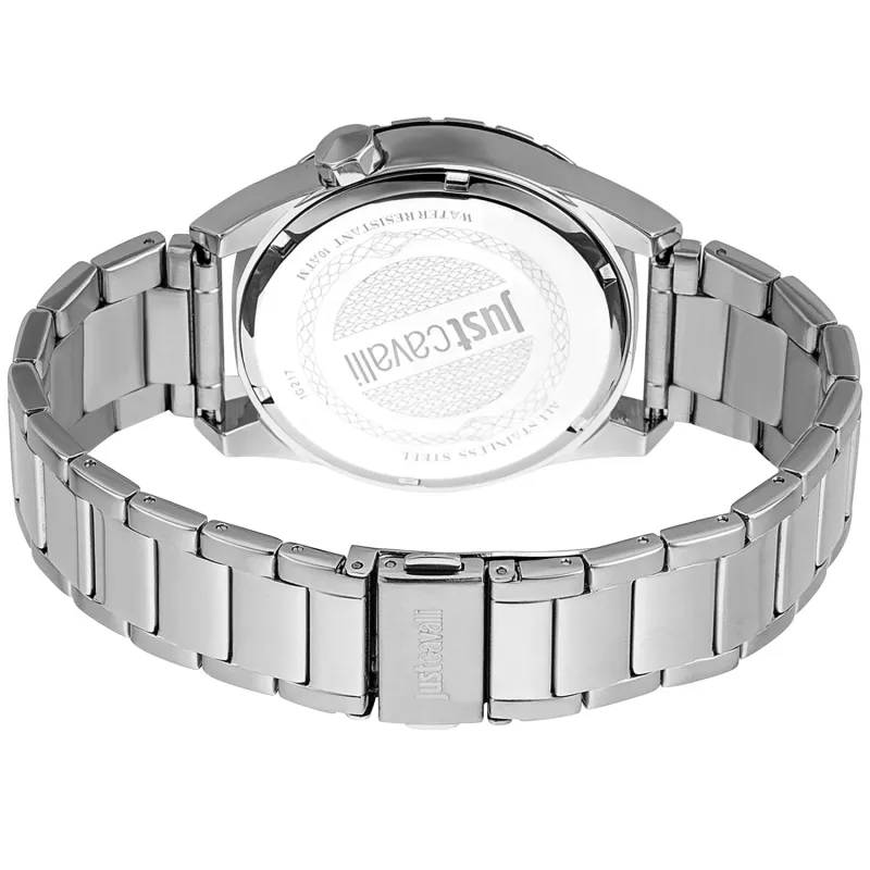 JUST CAVALLI MAN JC1G217M0055 Quarz Analog 42mm Edelstahl Herrenuhr Blaues Zifferblatt Silbernes Armband