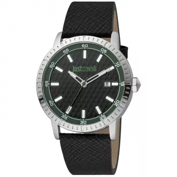 JUST CAVALLI Herren Quarz Analog Uhr JC1G216L0025 42mm Edelstahlgehäuse Schwarzes Lederarmband