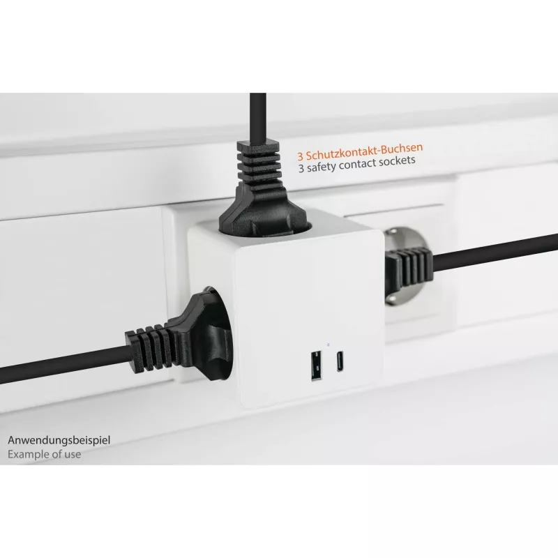 KABELMEISTER Steckdosenwürfel mit 3x Schutzkontakt-Steckdosen, USB-C 20W PD 3.0 und USB-A 18W, 1,5m, Weiß