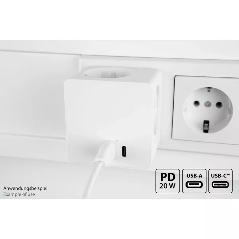 KABELMEISTER Steckdosenwürfel mit 3x Schutzkontakt-Steckdosen, USB-C 20W PD 3.0 und USB-A 18W, 1,5m, Weiß