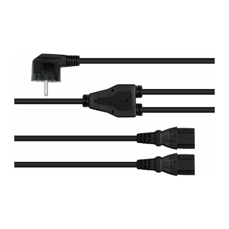 Kabelmeister Schuko-Stecker (90° gewinkelt) auf 2x IEC C13 Y-Stromverteilerkabel, 2m, Schwarz