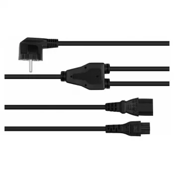 Kabelmeister Schuko Stromverteilerkabel, 90° gewinkelter Stecker auf C13 + C5, Schwarz, 2m