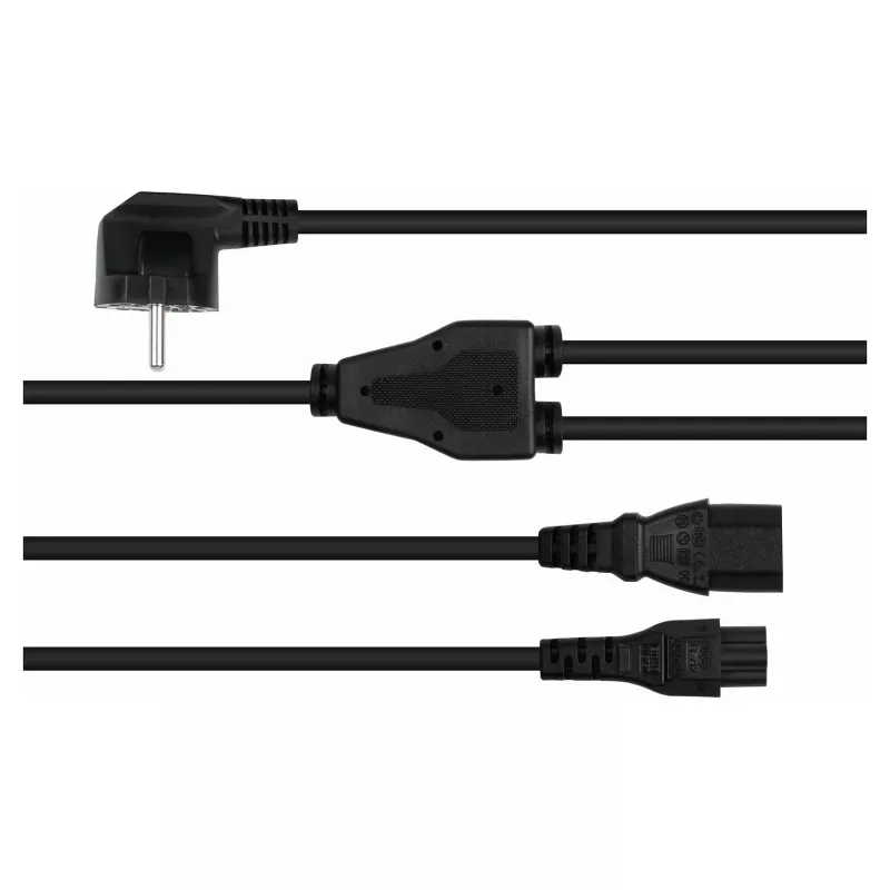 Kabelmeister Schuko Stromverteilerkabel, 90° gewinkelter Stecker auf C13 + C5, Schwarz, 2m
