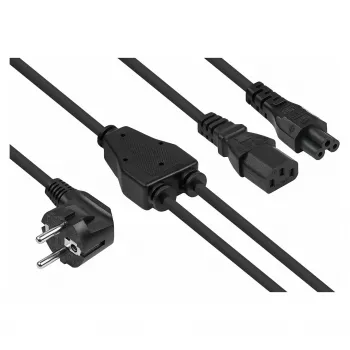 Kabelmeister Schuko Stromverteilerkabel, 90° gewinkelter Stecker auf C13 + C5, Schwarz, 2m