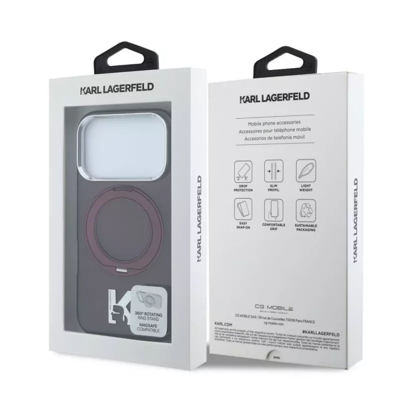 Karl Lagerfeld IML Ring Stand 360 Kameo Metal MagSafe Hülle für iPhone 18 Pro / 17 Pro - Burgunderrot