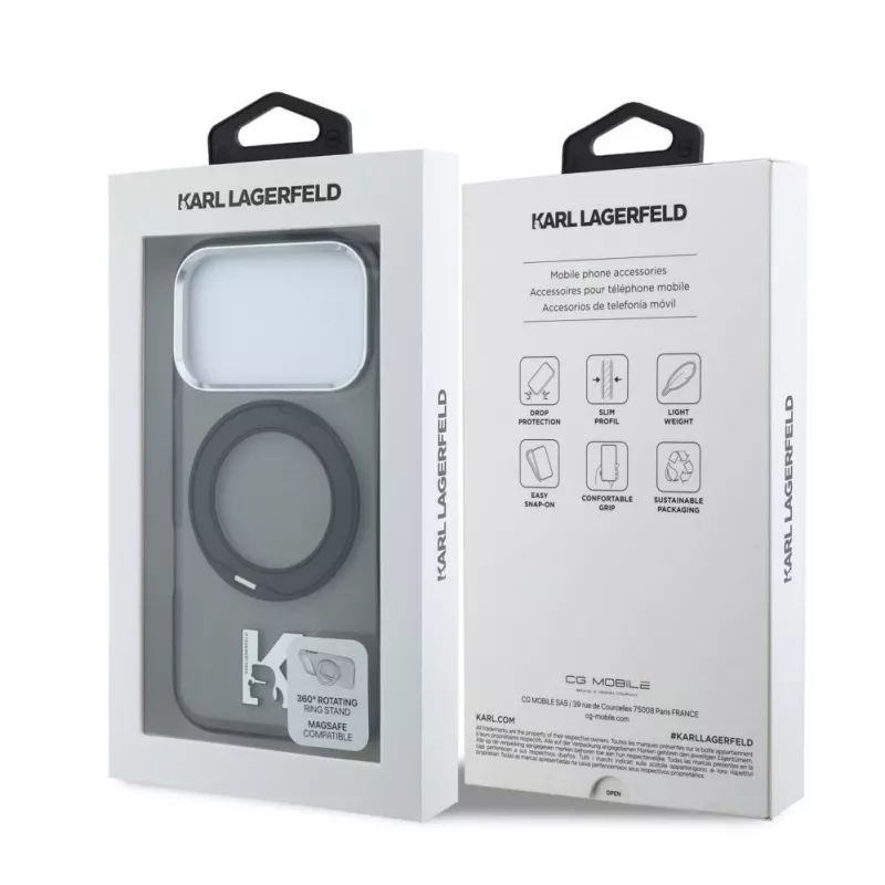 Karl Lagerfeld iPhone 18 Pro / 17 Pro MagSafe IML Ring Stand 360 Kameo Metal Case - Schwarz