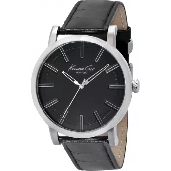 KENNETH COLE Herren IKC1997 Analog Quarz Edelstahl Uhr, 44mm, schwarzes Zifferblatt, silberfarbenes Band