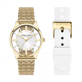KENNETH COLE Damen Quarz Analog Uhr KCWLG2124003 34,5mm Edelstahlgehäuse Weißes Zifferblatt Schwarzes Lederband