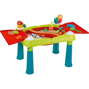 KETER Creative Fun Table Türkis/Rot – 2-in-1 Kinderspiel- und Aktivitätstisch mit Wendetischplatte, Hocker, Zeichen- & Bauzubehör