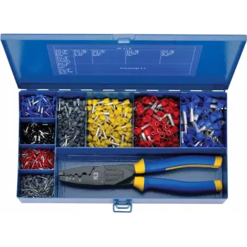 Klauke SK47B Crimpzangen-Set mit Kabelschneider, isolierten Aderendhülsen, Ratschenmechanismus, Blau/Gelb
